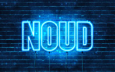 Noud, 4k, pap&#233;is de parede com nomes, nome Noud, luzes de n&#233;on azuis, Noud feliz anivers&#225;rio, nomes masculinos holandeses populares, imagem com nome Noud