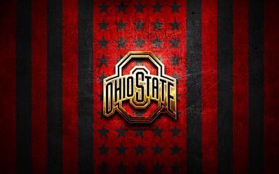 Ohio State Buckeyes -lippu, NCAA, punainen musta metallitausta, amerikkalaisen jalkapallojoukkueen joukkue, Ohio State Buckeyes -logo, USA, amerikkalainen jalkapallo, kultainen logo, Ohio State Buckeyes