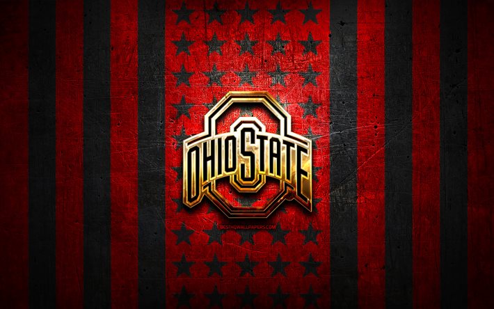 オハイオ州立バックアイズフラグ, 全米大学体育協会, 赤黒の金属の背景, アメリカンフットボール, オハイオ州立バックアイズのロゴ, 米国, 黄金のロゴ, オハイオ州立バックアイズ