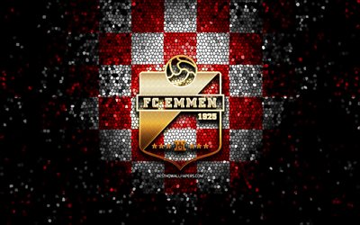 FC Emmen, glitter logo, Eredivisie, red white checkered background, soccer, Dutch football club, FC Emmen logo, mosaic art, football, Emmen FC