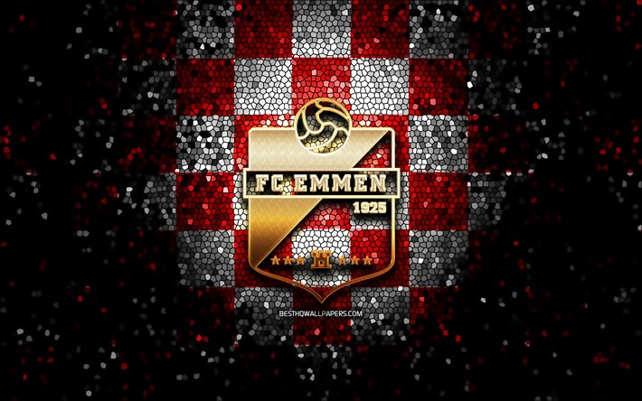 FC Emmen, glitterlogotyp, Eredivisie, r&#246;d vit rutig bakgrund, fotboll, holl&#228;ndsk fotbollsklubb, FC Emmen-logotyp, mosaikkonst, Emmen FC