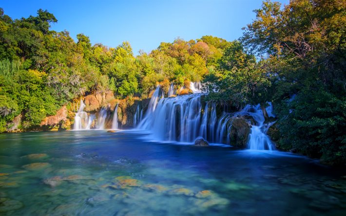 Fiume Krka, cascate, fiume, mattina, Croazia, Parco nazionale di Krka •