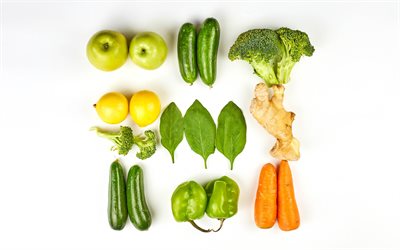 hälsosam mat, grönsaker, ingefära, broccoli, gurkor, vit bakgrund, dietkoncept, grönsaker på en vit bakgrund