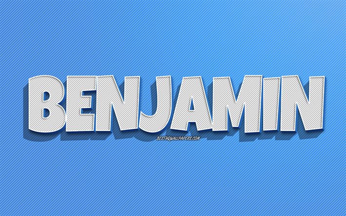 Benjamin, fond de lignes bleues, fonds d&#39;&#233;cran avec noms, nom de Benjamin, noms masculins, carte de voeux de Benjamin, dessin au trait, photo avec nom de Benjamin