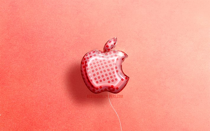 4K, Apple 3D-logo, kuvitus, vaaleanpunaiset realistiset ilmapallot, Apple-logo, vaaleanpunaiset taustat, Apple