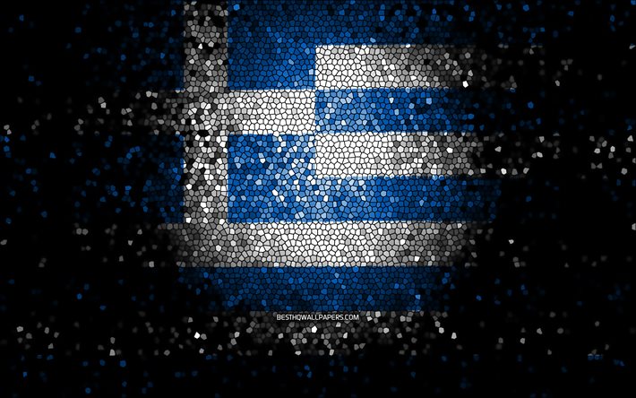Grekisk flagga, mosaikkonst, europeiska l&#228;nder, Greklands flagga, nationella symboler, konstverk, Europa, Grekland