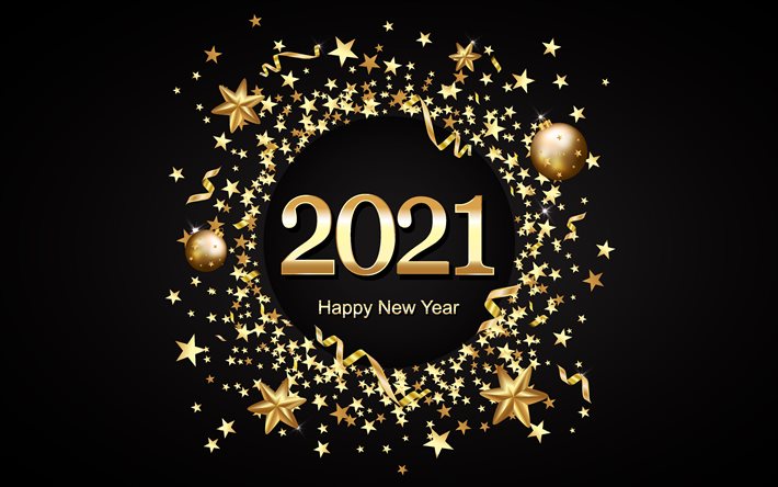 2021 New Year, 2021 black background, gold letters, 2021 concepts, Happy New Year 2021, Gold stars