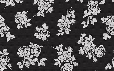 sfondo nero con rose bianche, 4k, texture rose, sfondo rose retrò, texture rosa nera, rose bianche, texture ornamento rose