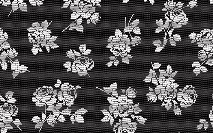 black background with white roses, 4k, roses texture, retro roses background, black rose texture, white roses, roses ornament texture