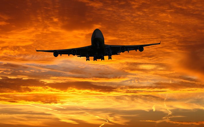 Boeing 747, avion de passagers, coucher de soleil, avion de ligne au coucher du soleil, Boeing, voyage en avion