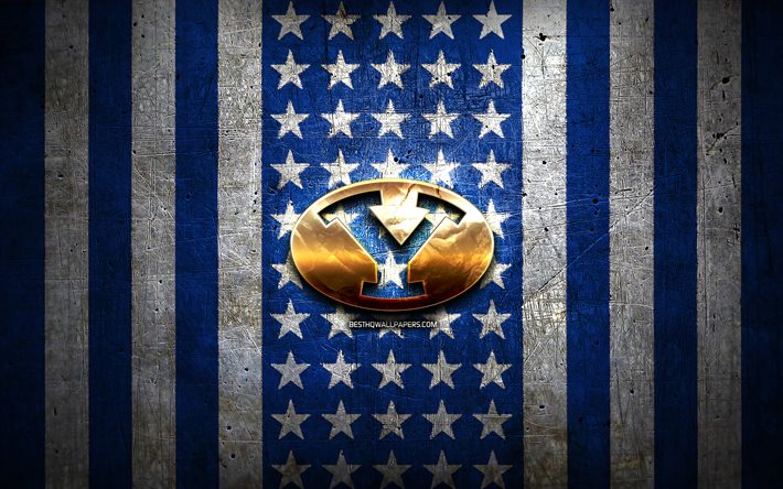 Brigham Young Cougars bandiera, NCAA, sfondo blu metallo bianco, squadra di football americano, logo Brigham Young Cougars, USA, football americano, logo dorato, Brigham Young Cougars