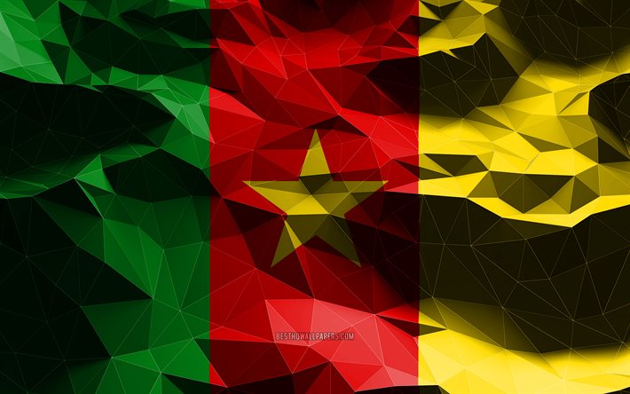 4k, Kamerun bayrağı, d&#252;ş&#252;k poli sanat, Afrika &#252;lkeleri, ulusal semboller, Kamerun Bayrağı, 3D bayraklar, Kamerun, Afrika, Kamerun 3D bayrak