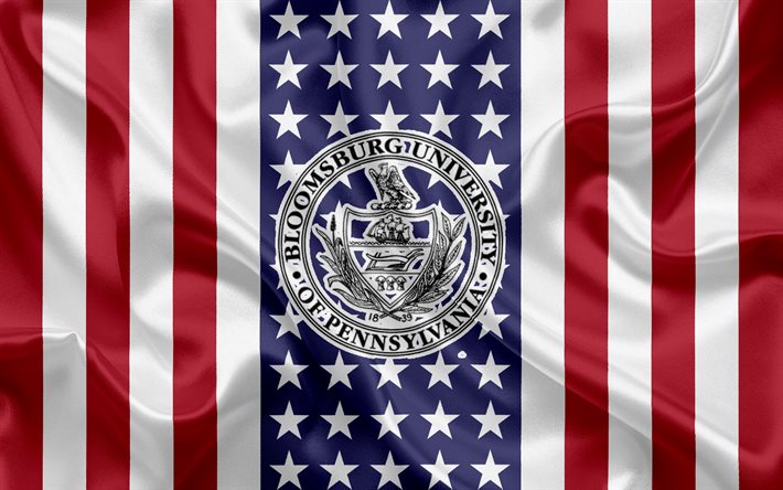 Emblema de la Universidad de Bloomsburg de Pensilvania, bandera estadounidense, logotipo de la Universidad de Bloomsburg de Pensilvania, Bloomsburg, Pensilvania, EE UU, Universidad de Bloomsburg de Pensilvania