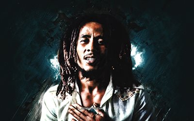 Bob Marley, Jamaikalı m&#252;zisyen, gitarist, portre, mavi taş zemin, Robert Nesta Marley