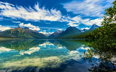 Lago McDonald, 4K, HDR, estate, USA, Lake McDonald Valley, Glacier National Park, punti di riferimento americani, bellissima natura, America