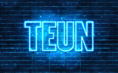 Teun, 4k, fonds d&#39;&#233;cran avec des noms, nom Teun, n&#233;ons bleus, joyeux anniversaire Teun, noms masculins n&#233;erlandais populaires, photo avec nom Teun