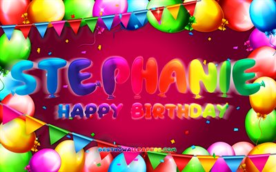 Happy Birthday Stephanie, 4k, colorful balloon frame, Stephanie name, purple background, Stephanie Happy Birthday, Stephanie Birthday, popular american female names, Birthday concept, Stephanie