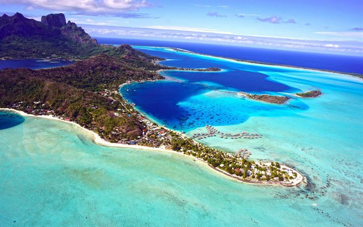 Bora Bora, isole tropicali, vista aerea, oceano, estate, viaggi, Polinesia francese