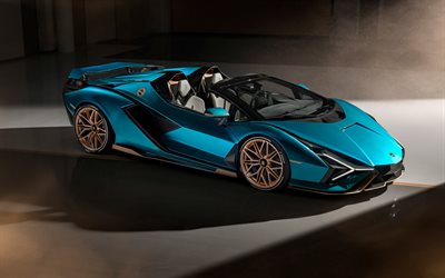 Lamborghini Sian Roadster, 2021, edest&#228;, ulkopuoli, sininen roadster, uusi sininen Sian Roadster, italialaiset superautot, Lamborghini