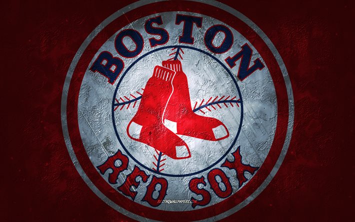boston red sox, amerikanisches baseballteam, hintergrund aus rotem stein, boston red sox-logo, grunge-kunst, mlb, baseball, usa, boston red sox-emblem