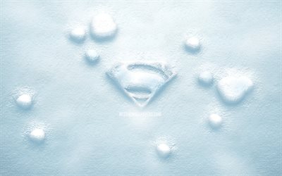 スーパーマン3D雪のロゴ, 4K, creative クリエイティブ, スーパーマンのロゴ, スーパーヒーロー, 雪の背景, スーパーマン3Dロゴ, スーパーマン