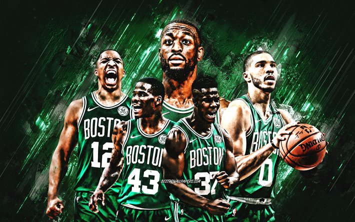 Boston Celtics, club di basket americano, NBA, USA, sfondo di pietra verde, basket, Jayson Tatum, Kemba Walker, Jaylen Brown
