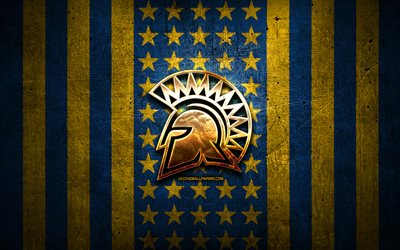 San Jose State Spartans flag, NCAA, yellow blue metal background, american football team, San Jose State Spartans logo, USA, american football, golden logo, San Jose State Spartans