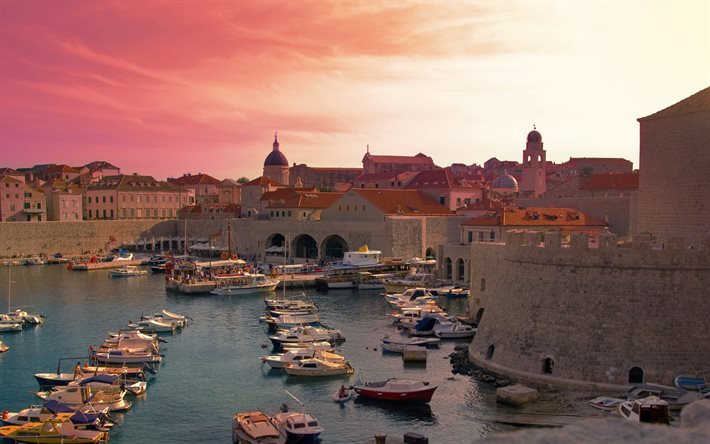 Dubrovnik, bay, boats, sunset, fortress, Dubrovnik cityscape, Croatia