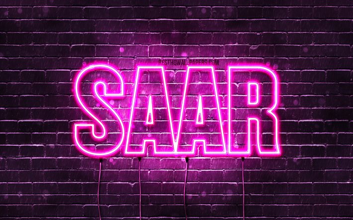 Saar, 4k, wallpapers with names, female names, Saar name, purple neon lights, Happy Birthday Saar, popular dutch female names, picture with Saar name