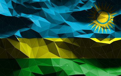 4k, Ruanda bayrağı, d&#252;ş&#252;k poli sanat, Afrika &#252;lkeleri, ulusal semboller, Ruanda Bayrağı, 3D bayraklar, Ruanda, Afrika, Ruanda 3D bayrak