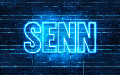 Senn, 4k, fonds d&#39;&#233;cran avec des noms, nom de Senn, n&#233;ons bleus, joyeux anniversaire Senn, noms masculins n&#233;erlandais populaires, photo avec le nom de Senn