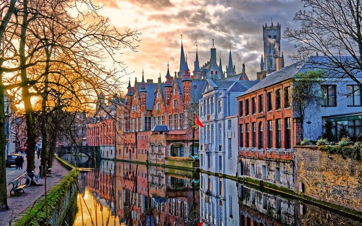 Bruges, akşam, g&#252;n batımı, kanal, binalar, Bruges şehir manzarası, bel&#231;ika