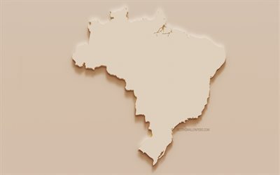 ブラジルの地図, ブラジルの地図の3Dシルエット, ブラジルの石膏地図, 茶色の石の背景, ブラジル, 南アメリカ