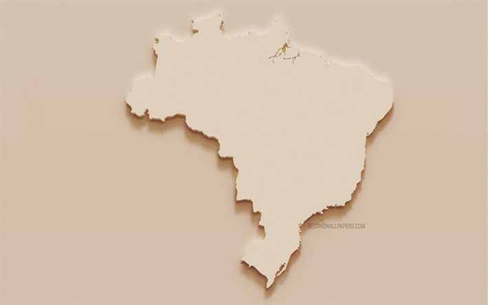 Brasilien karta, 3d silhuett av Brasilien karta, gips karta &#246;ver Brasilien, brun sten bakgrund, Brasilien, Sydamerika