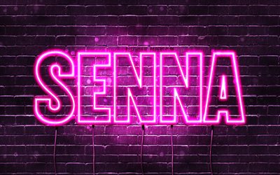 Senna, 4k, fondos de pantalla con nombres, nombres femeninos, nombre Senna, luces de ne&#243;n p&#250;rpura, Feliz cumplea&#241;os Senna, nombres femeninos holandeses populares, imagen con el nombre Senna