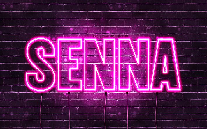 Senna, 4k, fonds d&#39;&#233;cran avec noms, noms f&#233;minins, nom Senna, n&#233;ons violets, joyeux anniversaire Senna, noms f&#233;minins n&#233;erlandais populaires, photo avec nom Senna