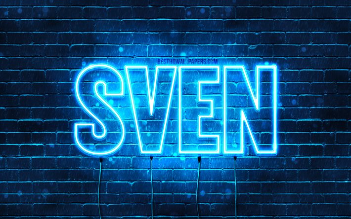 Sven, 4k, fonds d&#39;&#233;cran avec des noms, nom de Sven, n&#233;ons bleus, joyeux anniversaire Sven, noms masculins n&#233;erlandais populaires, photo avec le nom de Sven