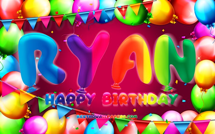Buon compleanno Ryan, 4k, cornice di palloncini colorati, nome Ryan, sfondo viola, buon compleanno Ryan, compleanno Ryan, nomi femminili americani popolari, concetto di compleanno, Ryan