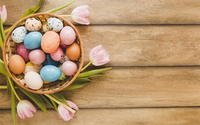 イースターの卵, 装飾, 木の背景, イースター, ピンクのチューリップ
