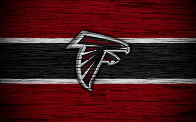 Atlanta Falcons, NFL, 4k, wooden texture, american football, logo, emblem, Atlanta, Georgia, USA, National Football League, American Conference