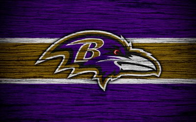 Baltimore Ravens, NFL, 4k, textura de madeira, futebol americano, logo, emblema, Baltimore, Maryland, EUA, A Liga Nacional De Futebol, Confer&#234;ncia Americana
