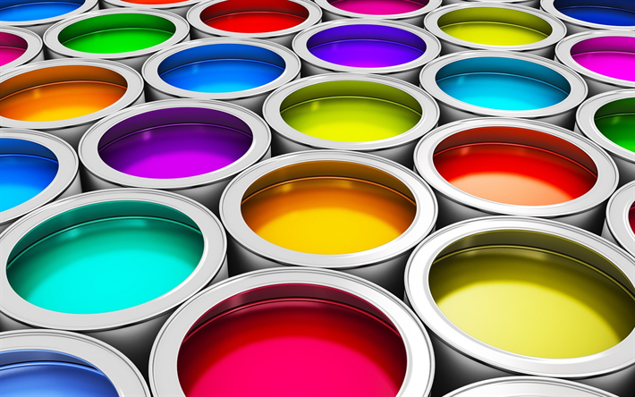colorful paint, 3d metal cans with paint, acrylic paint, color scheme concepts, color choice