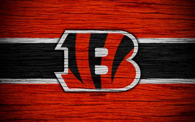 Cincinnati Bengals, NFL, 4k, wooden texture, american football, logo, emblem, Cincinnati, Ohio, USA, National Football League, American Conference
