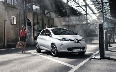Renault ZOE, 2018, electric hatchback, new white ZOE, electric car, refueling electric cars concepts, French cars, Renault
