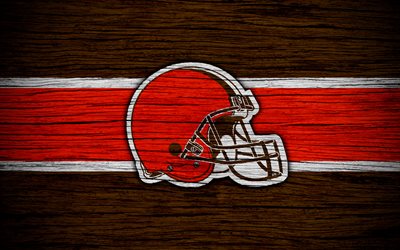 Cleveland Browns, NFL, 4k, wooden texture, american football, logo, emblem, Cleveland, Ohio, USA, National Football League, American Conference