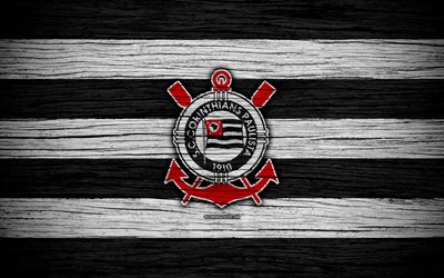 Corinthians, 4k, Brazilian Seria A, logo, Brazil, soccer, Corinthians FC, football club, wooden texture, FC Corinthians