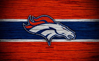 Denver Broncos, NFL, 4k, wooden texture, American football, logo, emblem, Denver, Colorado, USA, National Football League, American Conference
