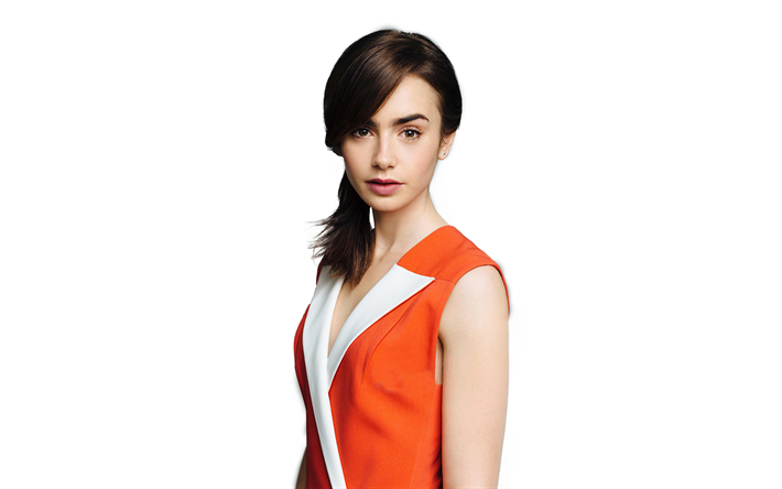Lily Collins, photoshoot, 2018, amertican actress, Hollywood, orange dress, beauty