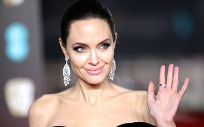 Angelina Jolie, sonre&#237;r, retrato, sesi&#243;n de fotos, la actriz Estadounidense, de la estrella de Hollywood, negro vestido de noche, 4k