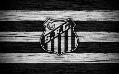 Santos, 4k, Brazilian Seria A, logo, Brazil, soccer, Santos FC, football club, wooden texture, FC Santos
